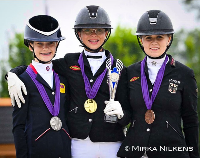 The individual test podium at the 2024 European Pony Championships: Gray, Tillmann, Clauberg :: Photo © Mirka Nilkens