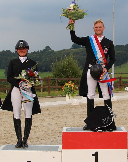 Fie Skarsoe and Nicolas Wagner on the senior podium at the 2024 Luxembourg Dressage Championships :: Photo © FLSE