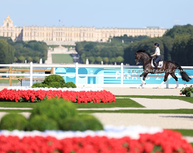 Mary Hanna schooling Ivanhoe at the 2024 Paris Olympics :: Photo © Astrid Appels