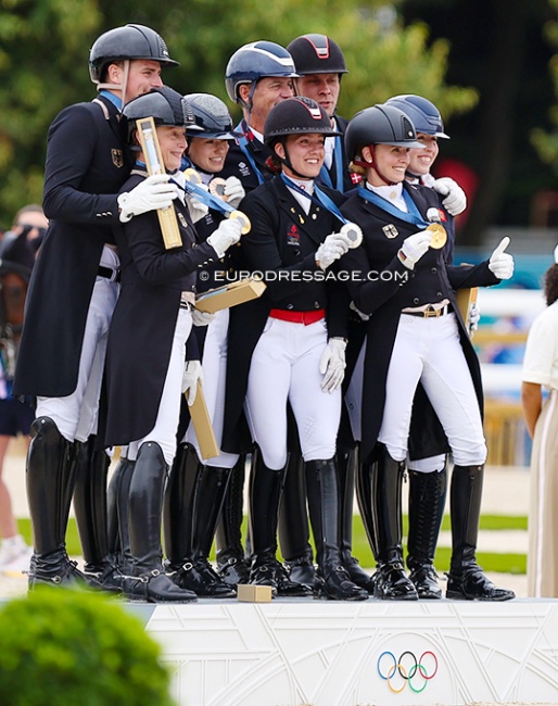 The team medal podium with Denmark, Germany and Great Britain at the 2024 Olympics :: Photo © Astrid Appels