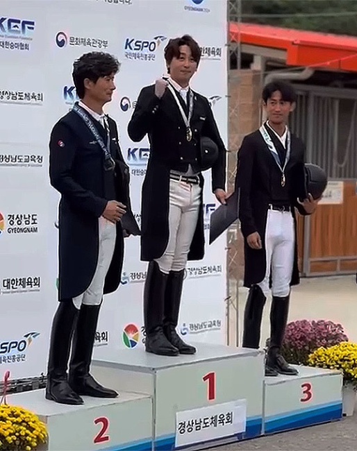 The podium at the 2024 Korean Dressage Championships: Choi, Nam, Kim get the medals