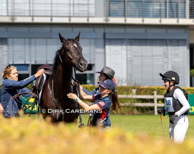Sydney Elliott finishing the cross country at the 2022 CCI Aachen. She rides QC Diamantaire, an Oldenburg bred by Berthold Gerdes but owned by Belgian horse investor Patrick d'Eer of QC stables. The horse is by Diarado out of dressage mare Lantana (by Sandro Hit). :: Photo © Dirk Caremans
