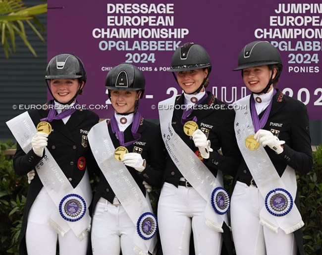 The gold medal winning German team at the 2024 European Junior Riders Championships in Opglabbeek: Oatley, Sohler, Pohl and von Borries :: Photo © Astrid Appels