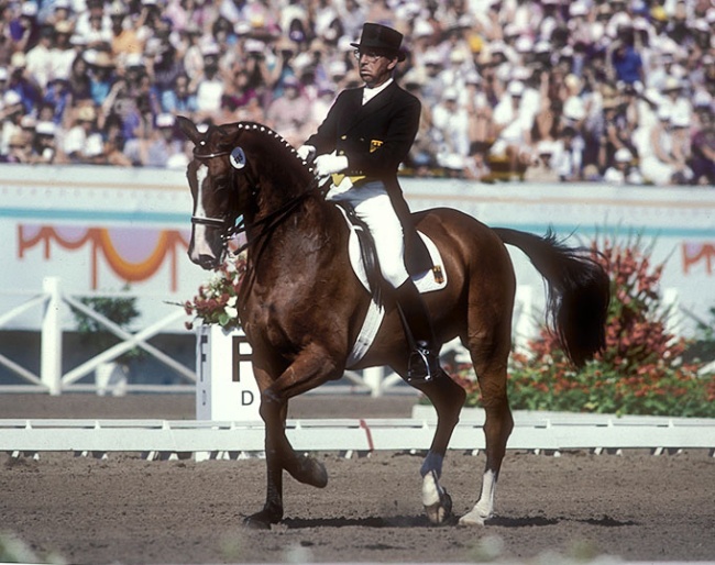Team and individual Dressage champion Reiner Klimke (FRG) riding Ahlerich at Santa Anita Park during the 1984 Olympic Games.