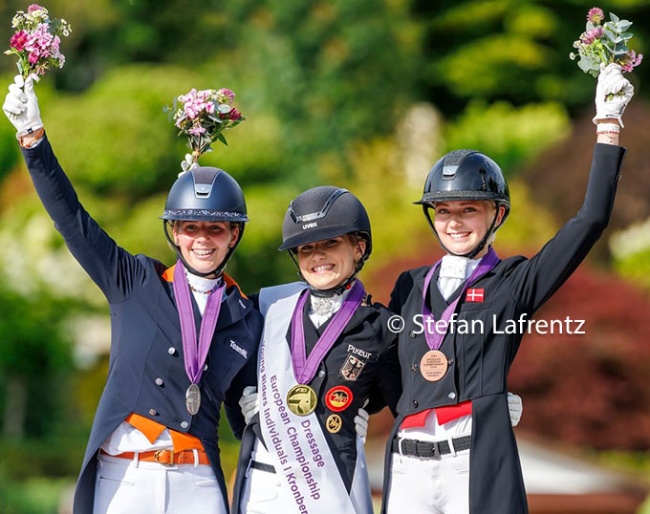 Anniek van Dulst, Lana-Pinou Baumgurtel and Anna Teibel Raben on the individual test podium at the 2025 European Young Riders Championships :: Photo © Stefan Lafrentz