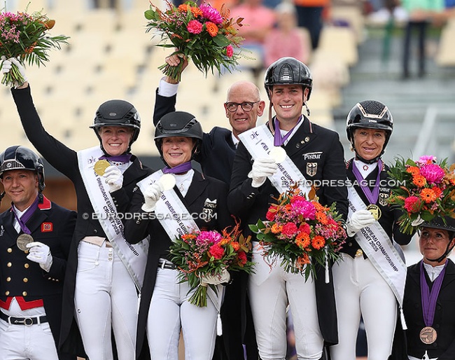 Katharina Hemmer, Isabell Werth, Frederic Wandres and Ingrid Klimke secure team gold for Germany at the 2025 European Dressage Championships in Crozet (FRA) :: Photo © Astrid Appels