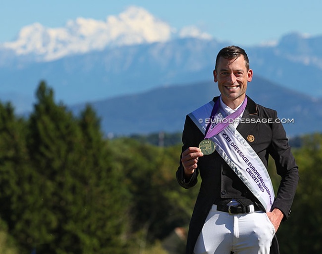 Justin Verboomen is the 2025 European Dressage Champion. The Mont Blanc mountain in the background at Jiva Hill Resort & Stables in Crozet:: Photo © Astrid Appels