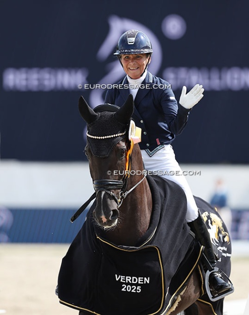 Anne Troensegaard and Slangerupgaards Saffron won the 6-YO Preliminary Test at 2025 World Young Horse Championships :: Photo © Astrid Appels