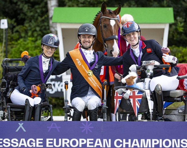 Sara Morganti, Rihards Snikus and Mari Durward-Akhurst on the individual podium for Grade I at the 2025 European Para Dressage Championships :: Photos © Digishots