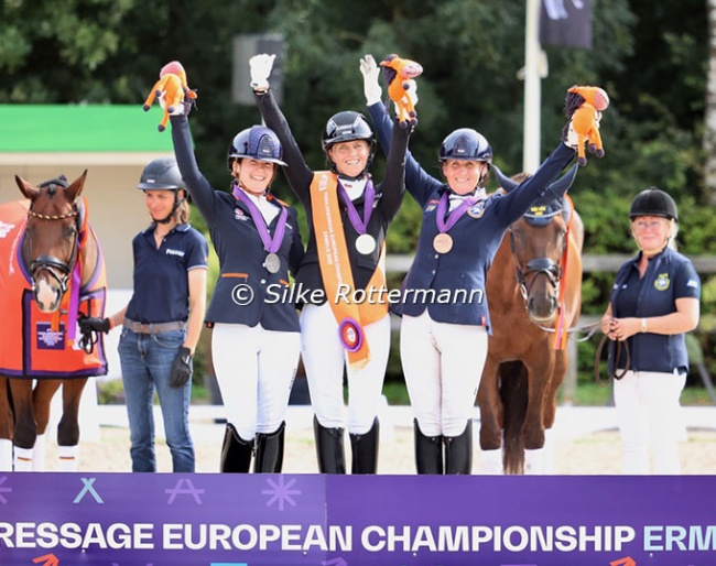 The Grade V individual podium with De Jong, Mispelkamp and Malmstrom as medallists at the 2025 European Para Dressage Championships :: Photos © Silke Rottermann