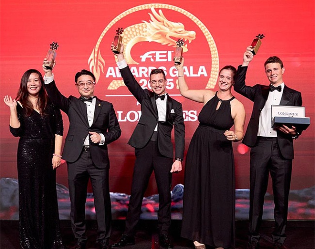 FEI Awards 2025 winners (L-R) Sophia Shen and Mr Lin Lu, from Beat as One (CHN), Justin Verboomen (BEL), Sanne Melsen (BEL) and Tom Wachman (IRL) :: Photo © FEI / Liz Gregg