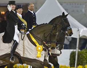 Isabell Werth on Satchmo, flanked by Anky van Grunsven and Steffen Peters at the 2010 World Dressage Masters in Wellington :: Photo © Sue Stickle