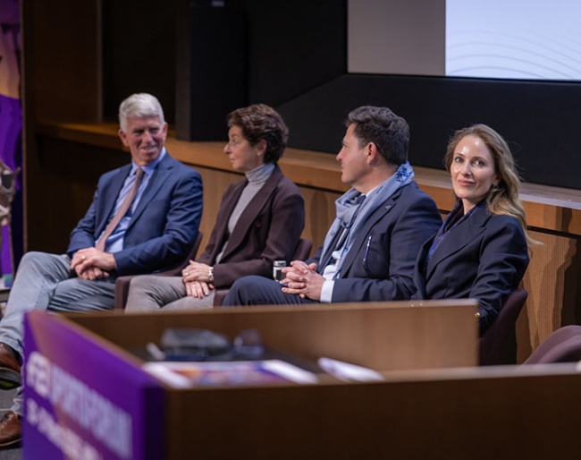 Chair of the FEI Dressage Strategic Action Plan Working Group. George Williams (USA); Monica Theodorescu (GER) and Raphaël Saleh (FRA) both members of the FEI Dressage Strategic Action Plan Working Group; and Chair of the FEI Dressage Committee Diana Al Shaer (PLE). The session was chaired by FEI Director of Dressage, Para Dressage, and Vaulting Ronan Murphy (IRL)