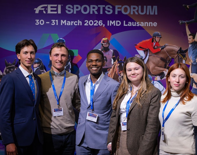 Youth panellists for Session 1 of the FEI Sports Forum 2026: Gerard Casas Maxenchs (ESP) – Endurance; Calvin Böckmann (GER) – Eventing; Renderson Silva de Olivera (BRA) – Dressage; Sarah Giulia Goldschlag (ITA) – Eventing; Katie Reilly (IRL) – Para Dressage