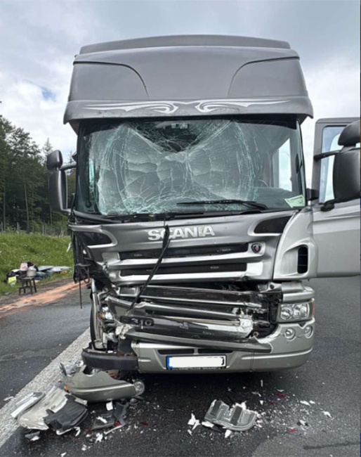 McLean's lorry after the chain collision on his way to Munich