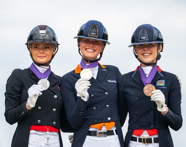 Michella Skovsager, Lara van Nek and Mette Dahl on the Kur podium at the 2026 European Young Riders Championships :: Photos © Lukasz Kowalski