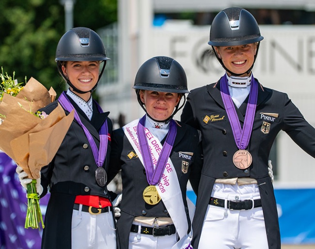  Ida Bøllingtoft Asmussen, Clara Kohoutek and Greta Wagner on the individual podium at the 2026 European Junior Riders Championships :: Photo © Lukasz Kowalski