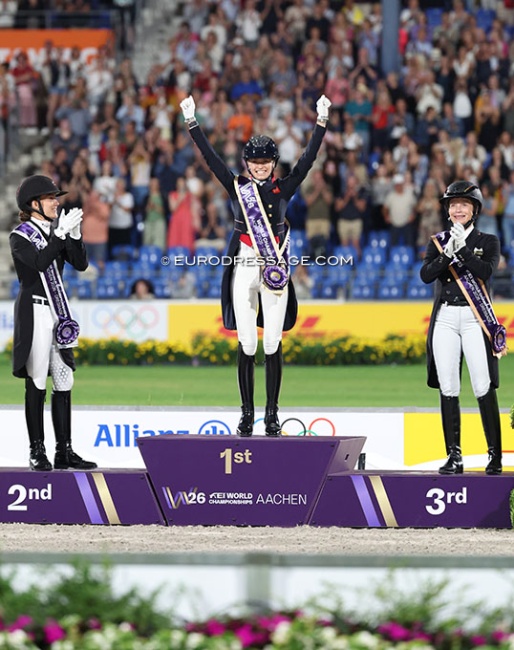The kur podium at the 2026 World Championship: Dufour, Fry, Werth :: Photo © Astrid Appels