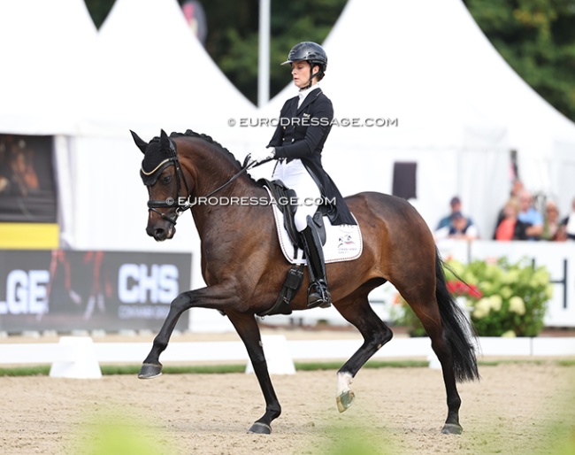 Carina Scholz and La Jolie SW OLD win the 7-year old consolation finals at the 2026 World Young Horse Championships :: Photo © Astrid Appels