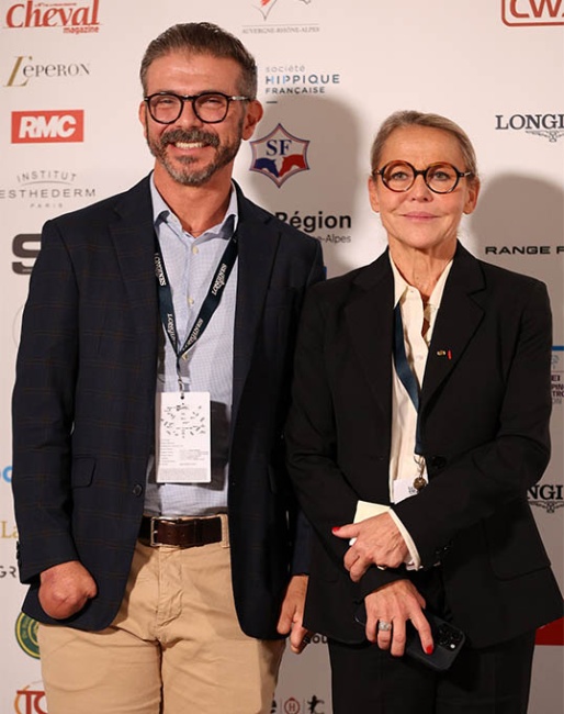Rodolpho Riskalla and Sylvie Robert at the 2026 CDI-W Lyon where the press conference was held to announce the Para Dressage World Cup Final in Fontainebleau